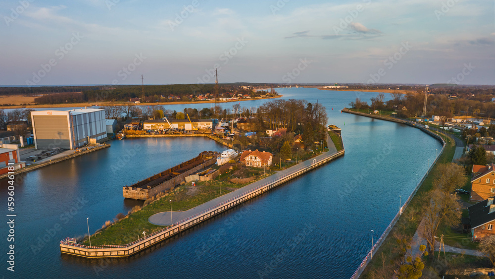Górki Zachodnie and Górki Wschodnie, Sobieszewska Island and the Vistula River seen from a drone on an early spring day.