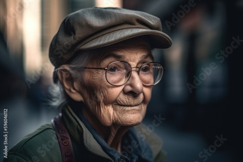 Portrait of old asian woman with hat and glasses in the city
