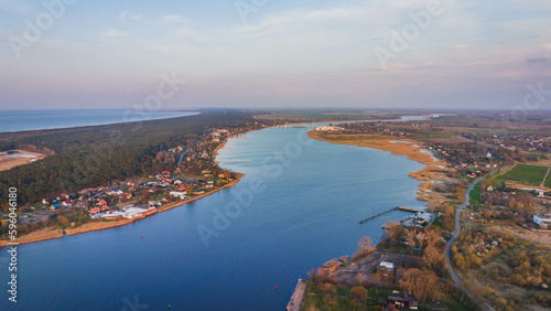 Fototapeta Naklejka Na Ścianę i Meble -  Górki Wschodnie, Sobieszewska Island and the Vistula River seen from a drone on an early spring day.


