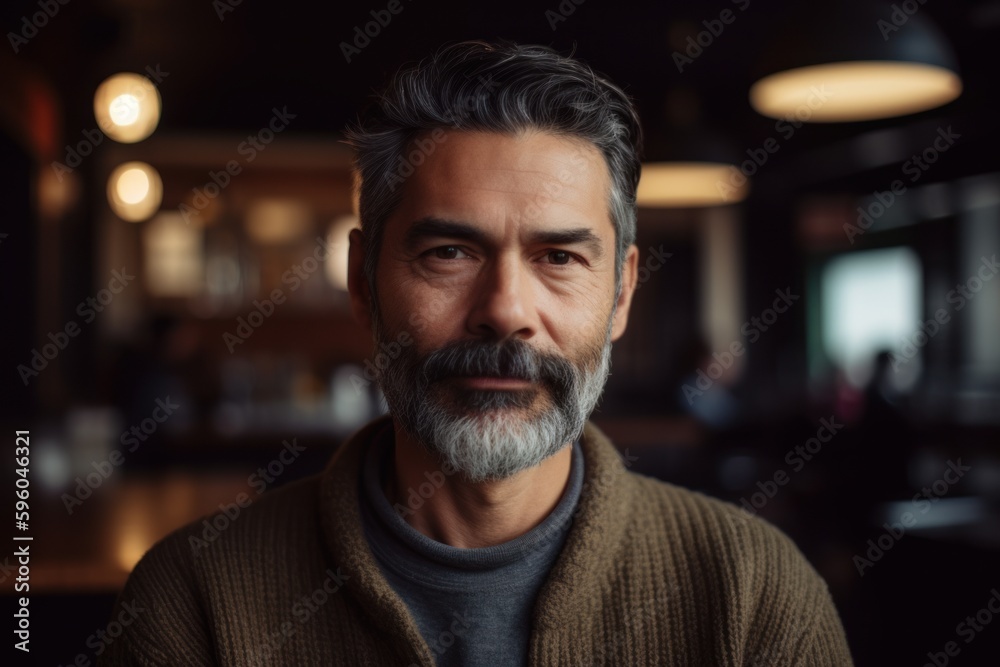 Portrait of mature man looking at camera in coffee shop. Mature man with grey hair and beard. Portrait of mature man looking at camera in coffee shop. Mature man with grey hair and beard.