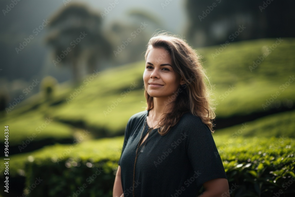Portrait of young woman standing in tea plantation, looking at camera