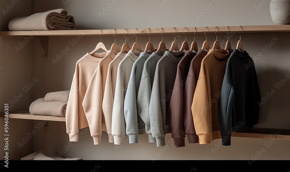 Cotton tops sweatshirts in natural tones on wooden shelf in bright room, generative AI