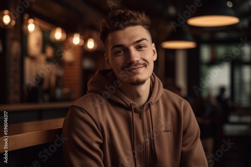 Portrait of handsome young man in hoodie sitting in cafe and smiling.