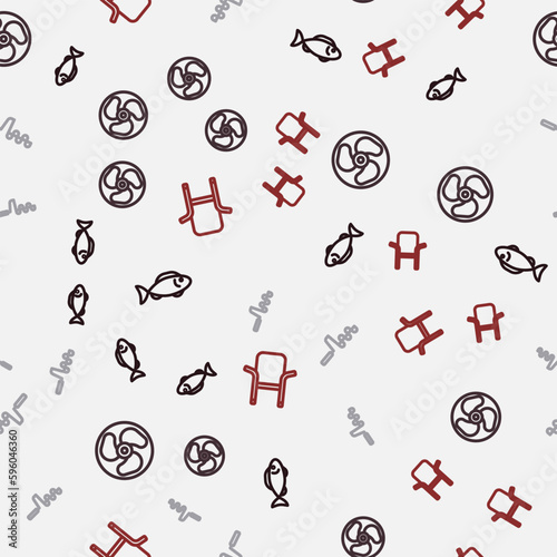 Set line Fish, Outboard boat motor, Hand ice drill and Camping folding chair on seamless pattern. Vector