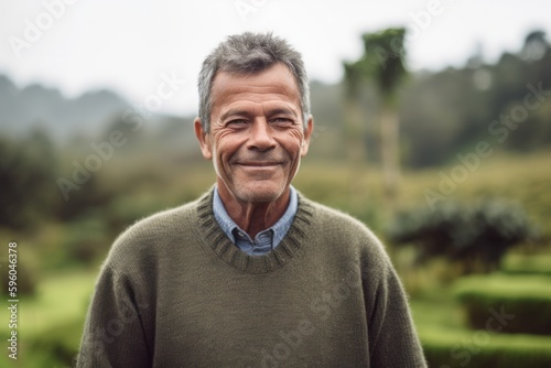 Portrait of senior man smiling at camera in front of tea plantation