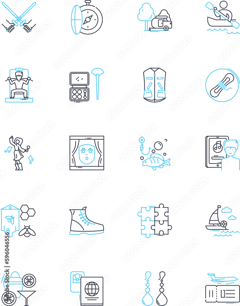 Interests linear icons set. Hiking, Baking, Photography, Painting, Gardening, Yoga, Reading line vector and concept signs. Writing,Dancing,Traveling outline illustrations Interests linear icons set. Hiking, Baking, Photography, Painting, Gardening, Yoga, Reading line vector and concept signs. Writing,Dancing,Traveling outline illustrations