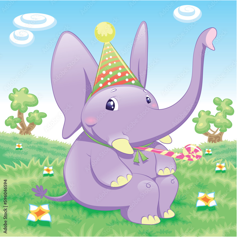 Fototapeta premium Baby Elephant - Party - cartoon and vector illustration