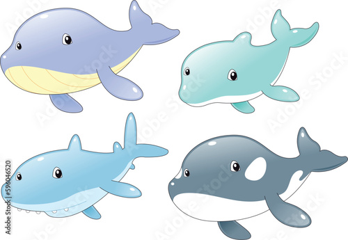 Ocean Fish Family: Dolphin, Shark, Whale and Killer Whale, cartoon and vector characters