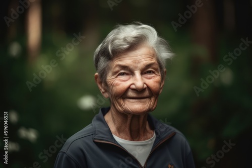 Portrait of an elderly woman on a background of the forest.