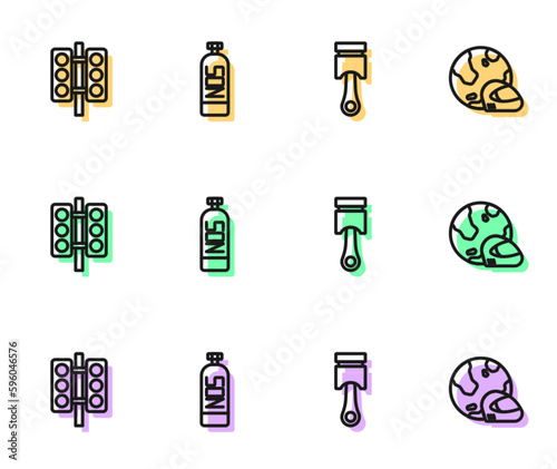 Set line Engine piston, Racing traffic light, Nitrous oxide and helmet icon. Vector
