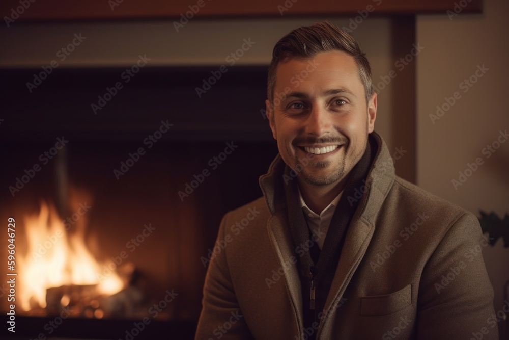 Portrait of a handsome young man in front of fireplace at home Portrait of a handsome young man in front of fireplace at home