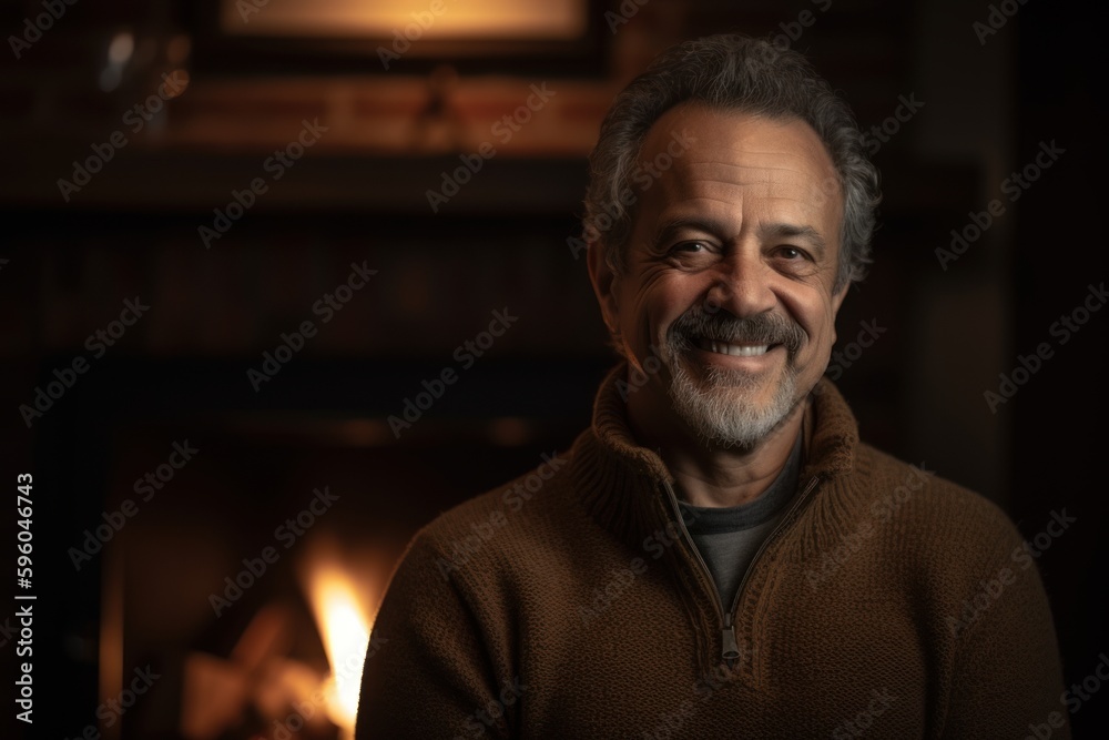 Portrait of a happy senior man in front of fireplace at home Portrait of a happy senior man in front of fireplace at home