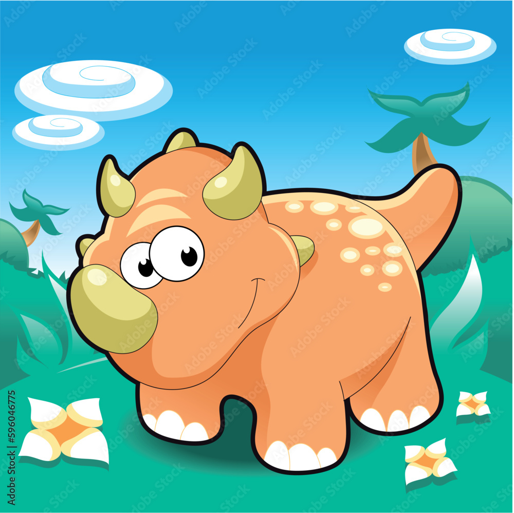 Fototapeta premium Baby Triceratops, funny cartoon and vector Illustration