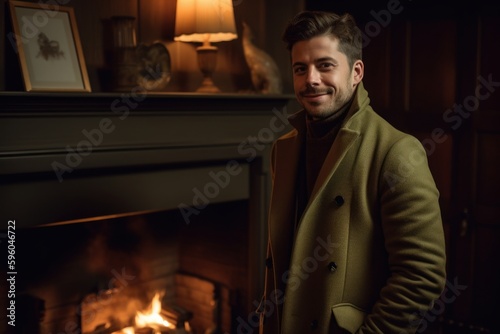 Environmental portrait photography of a cheerful man in his 30s wearing a versatile overcoat against a cozy fireplace background. Generative AI