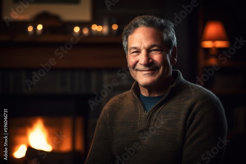 Environmental portrait photography of a pleased man in his 50s wearing a cozy sweater against a cozy fireplace background. Generative AI