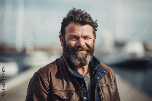Portrait of a bearded man in a leather jacket standing on a pier