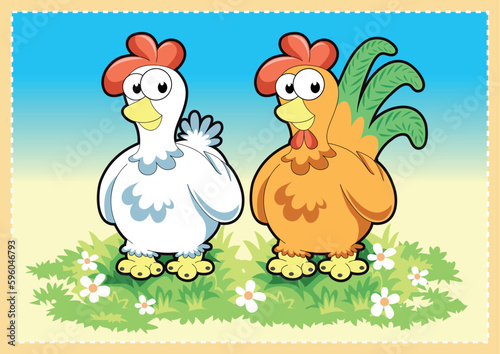 Funny Rooster and Hen. Vector and cartoon illustration