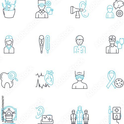 Engineering Medicine linear icons set. Biomechanics, Nanotechnology, Prosthesis, Bionics, Robotics, Implants, Cyborg line vector and concept signs. Adhesives,Biomaterials,Tissue engineering outline