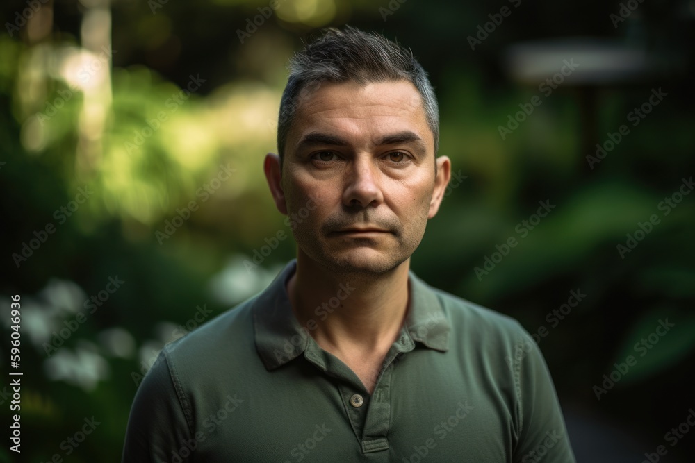 Portrait of handsome mature Hispanic man in green shirt looking at camera