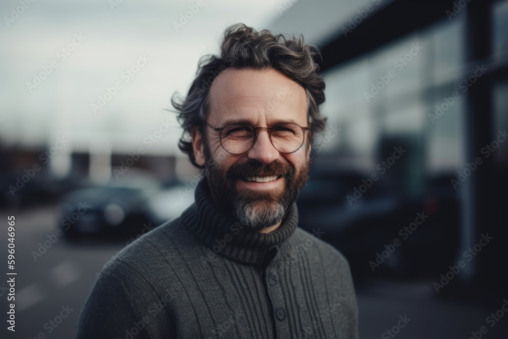 Portrait of handsome bearded man in eyeglasses looking away while standing outdoors