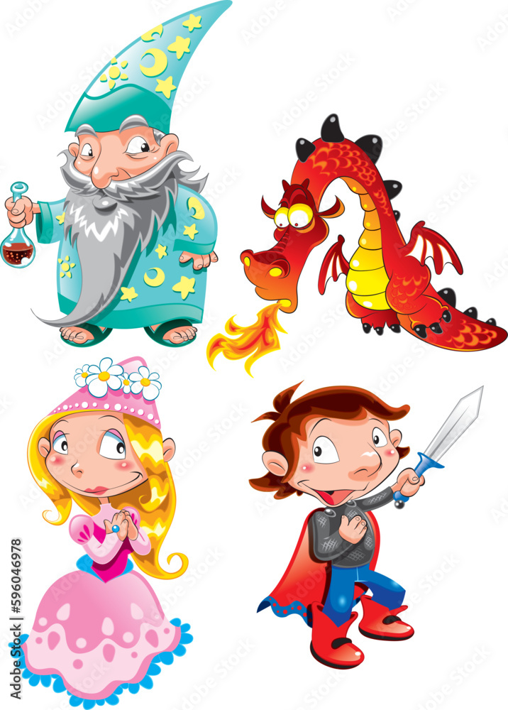 Naklejka premium Medieval Age - Princess, Prince, Dragon, Magician. Cartoon and vector characters