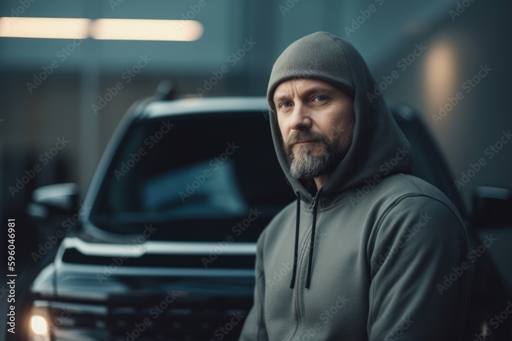 Portrait of a bearded man in a gray hoodie and a black cap standing in the car salon. Portrait of a bearded man in a gray hoodie and a black cap standing in the car salon.