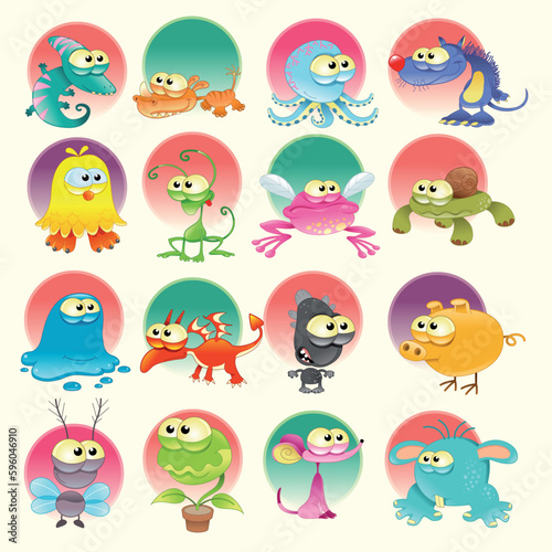 Family of monsters  cartoon and vector characters with background