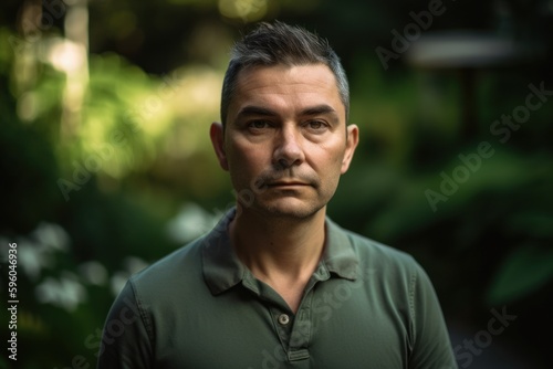 Portrait of handsome mature Hispanic man in green shirt looking at camera