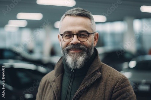 Portrait of handsome bearded man in eyeglasses standing in car salon