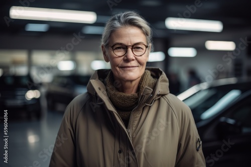 Portrait of happy senior woman in coat and eyeglasses standing in car salon © Robert MEYNER