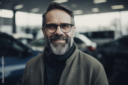 Portrait of a bearded man in a coat and glasses standing in the parking lot © Robert MEYNER