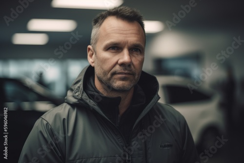 Handsome middle aged man standing in car salon, looking at camera.
