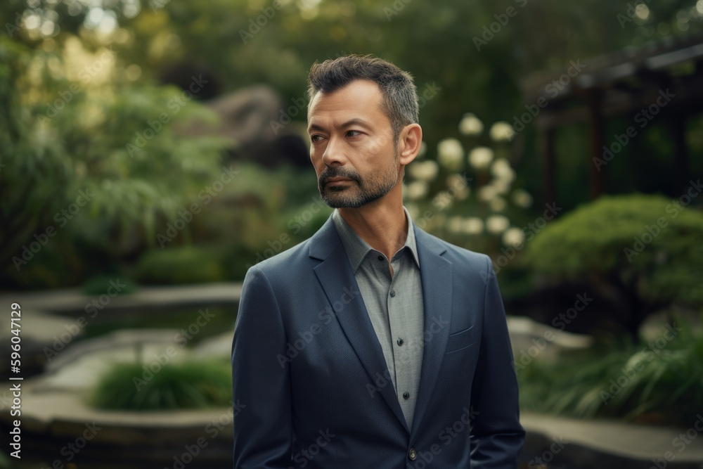 Portrait of a handsome man in a blue suit on the background of a green garden Portrait of a handsome man in a blue suit on the background of a green garden