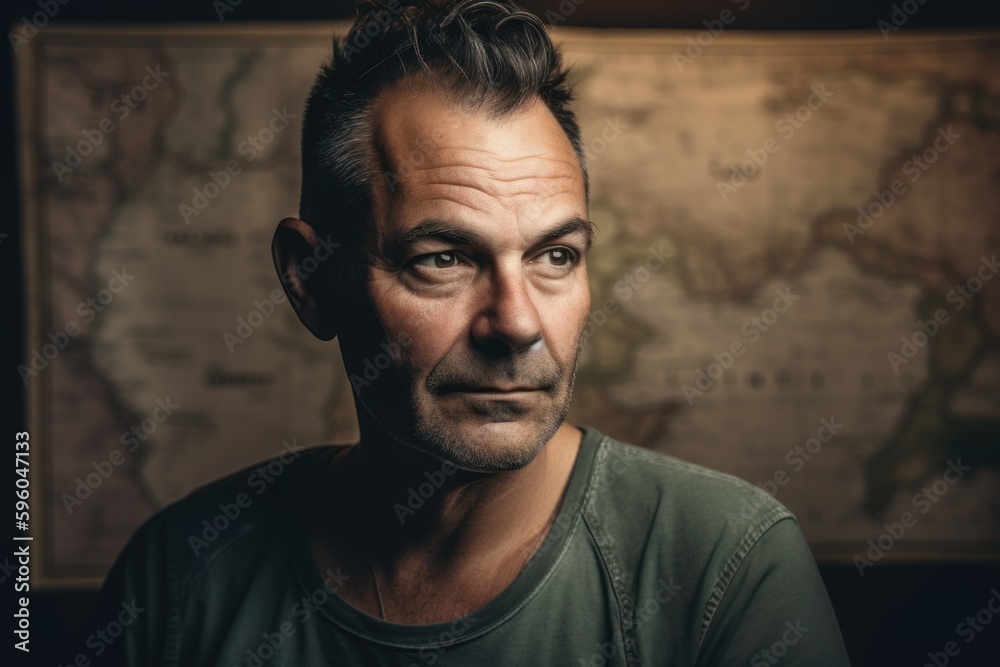 Portrait of a man in a dark room with a map in the background Portrait of a man in a dark room with a map in the background