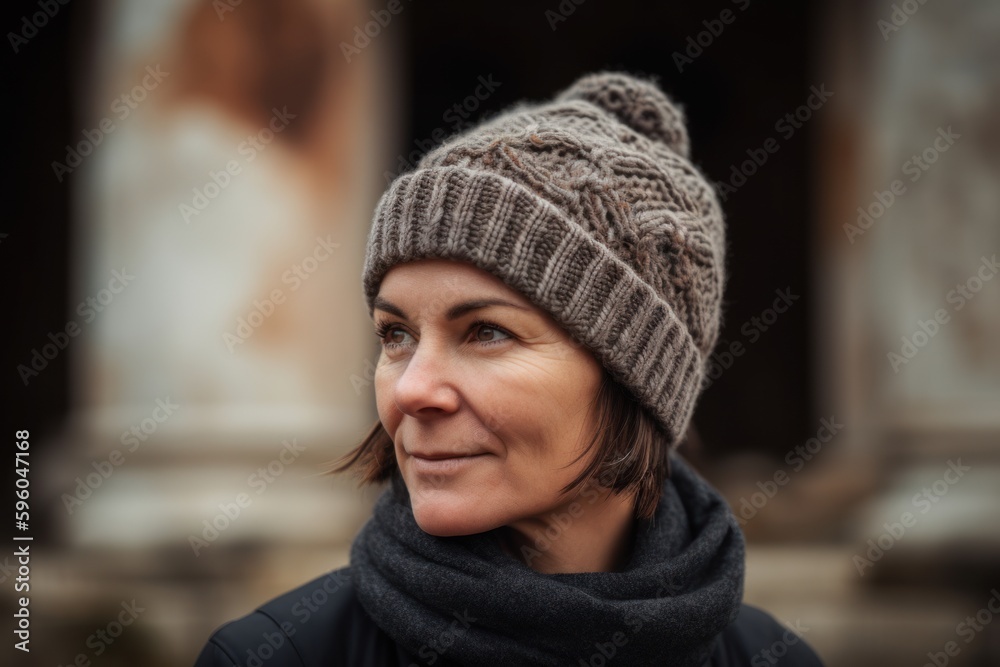Close up portrait of a beautiful middle aged woman with hat and scarf Close up portrait of a beautiful middle aged woman with hat and scarf