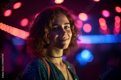 Portrait of a beautiful young woman with curly hair in a nightclub