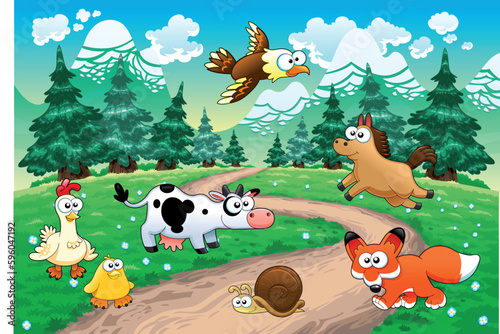 Family of animals with background. Funny cartoon and vector illustration