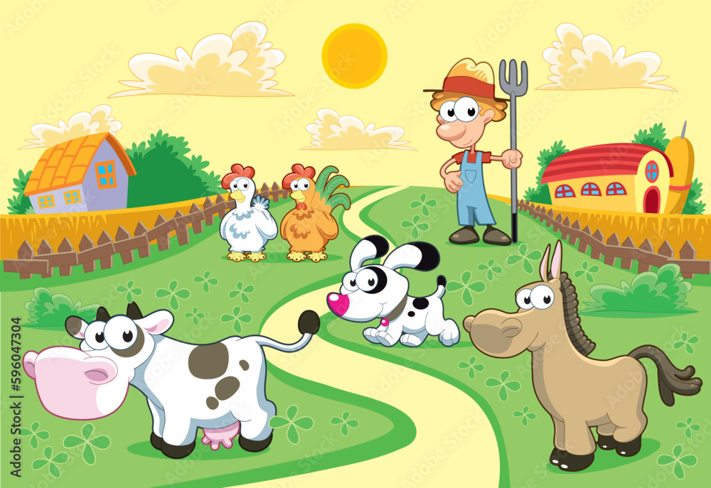 Naklejka premium Farm Family with background. Funny cartoon and vector illustration.