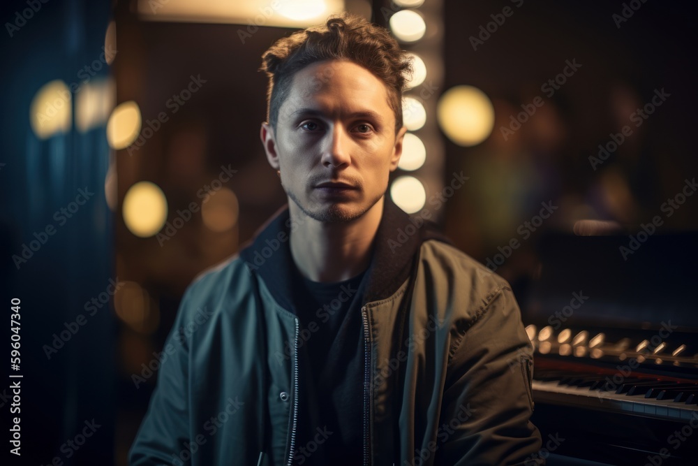 Portrait of a handsome young man in a dark room with a piano Portrait of a handsome young man in a dark room with a piano