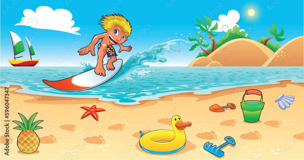 Surfing in the sea. Funny cartoon and vector illustration.