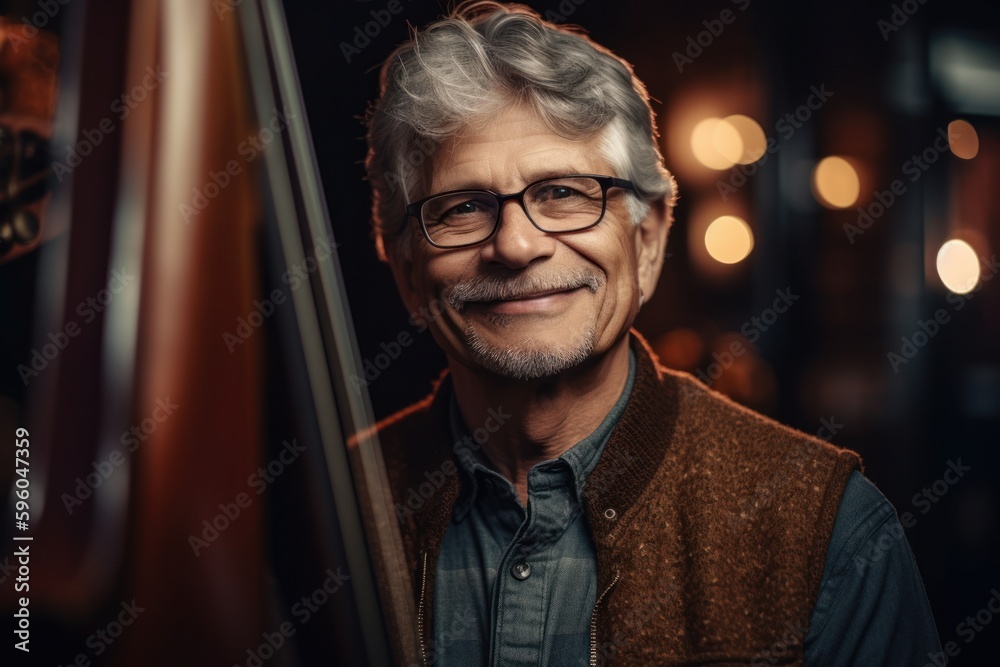 Portrait of a smiling senior man in eyeglasses with a cello. Portrait of a smiling senior man in eyeglasses with a cello.