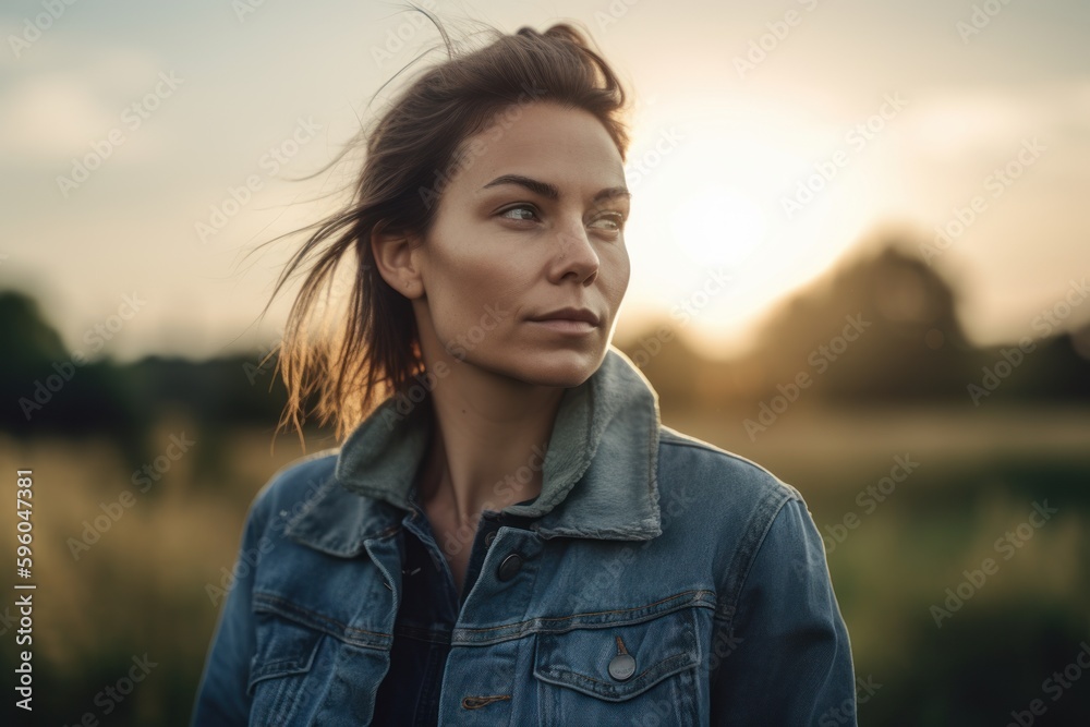 Portrait of a beautiful young woman in a denim jacket at sunset