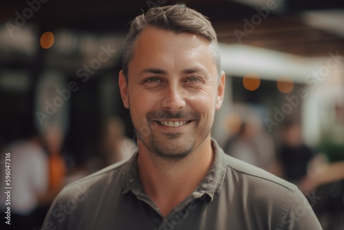 Portrait of handsome mature man smiling and looking at camera while standing in cafe