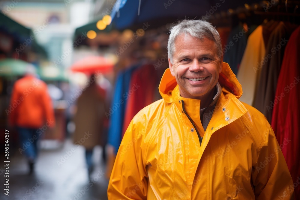 Portrait of smiling senior man in raincoat standing at counter in market