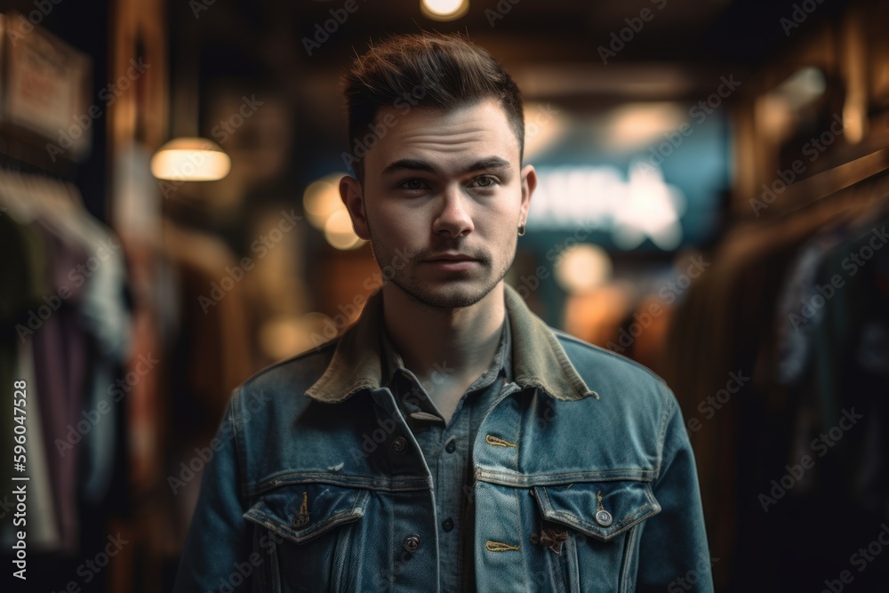 Portrait of a handsome young man in a denim jacket. Men's beauty, fashion. Portrait of a handsome young man in a denim jacket. Men's beauty, fashion.