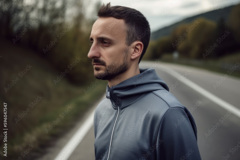 Handsome young man in sportswear looking away while standing on the road Handsome young man in sportswear looking away while standing on the road