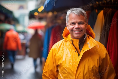 Portrait of smiling senior man in raincoat standing at counter in market © Robert MEYNER