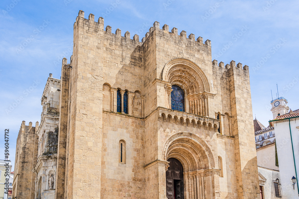 Coimbra, Portugal: Facade of the Old Cathedral of Coimbra; medieval church in the center of the old town