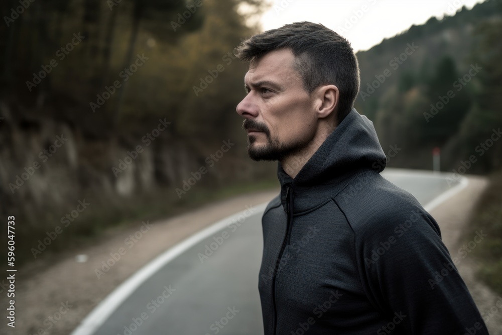 Portrait of a handsome young man in black sportswear standing on the road. Portrait of a handsome young man in black sportswear standing on the road.