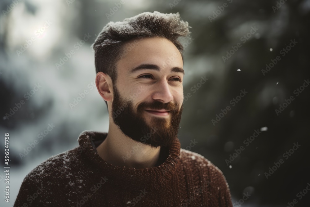 Portrait of a young man with a beard in a sweater on a background of the winter forest Portrait of a young man with a beard in a sweater on a background of the winter forest